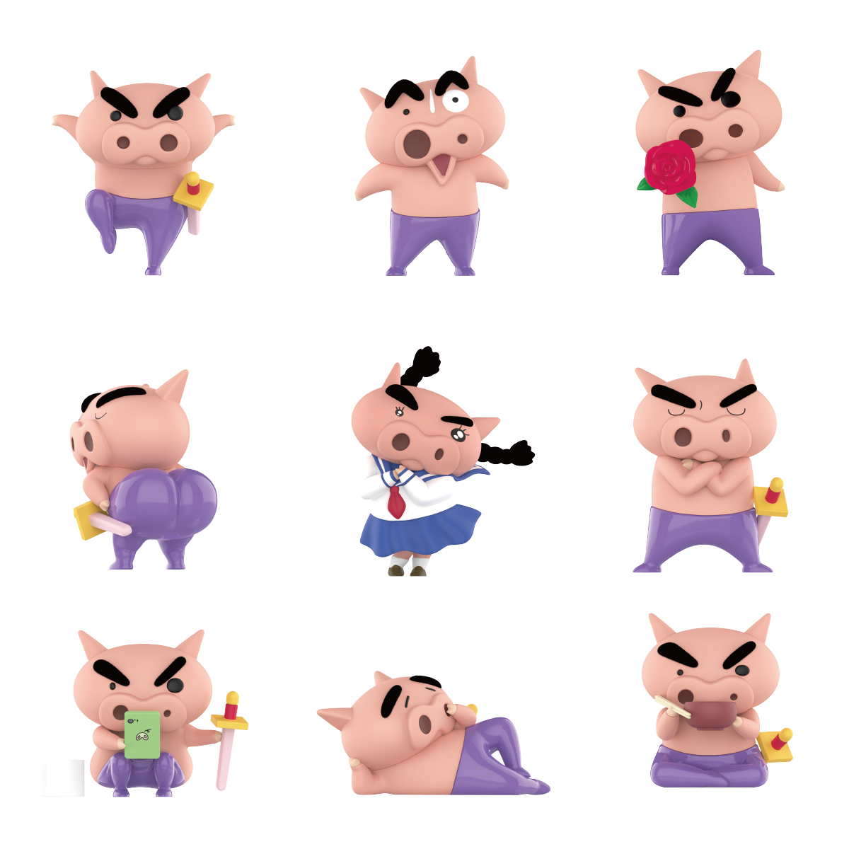 Full set of nine Buriburizaemon pig superhero figures in everyday poses, Buriburizaemon's Daily Life