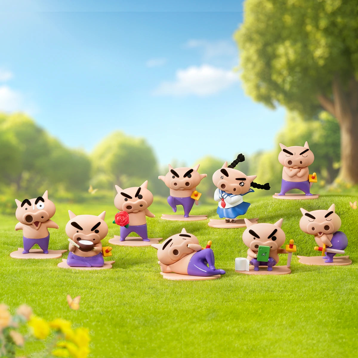 Full lineup of Buriburizaemon pig hero figures posed on grass, Buriburizaemon's Daily Life