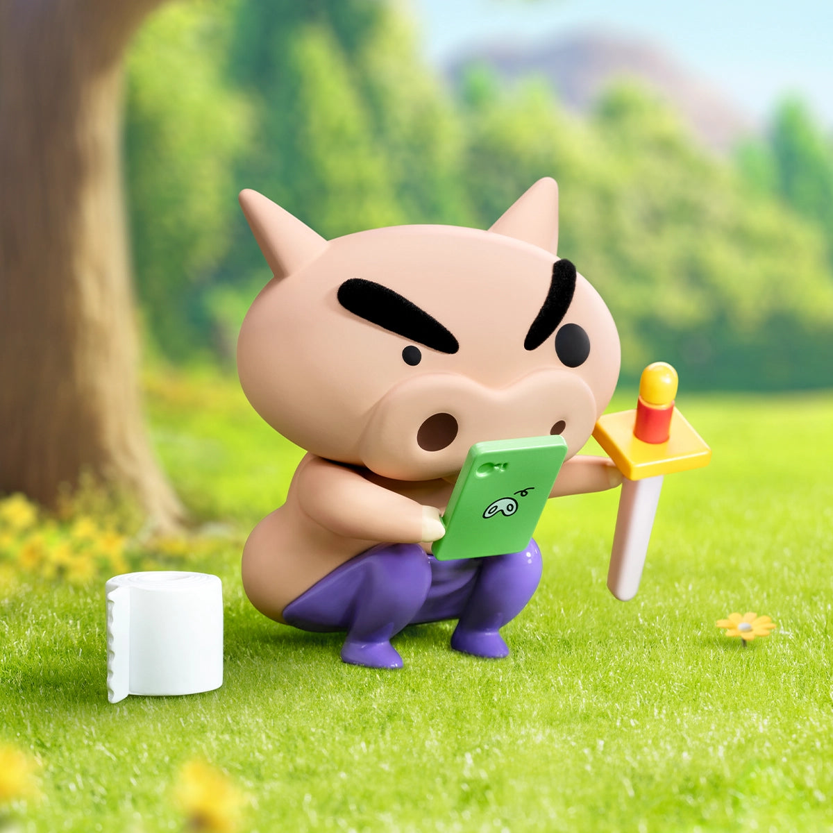Poop Time pig squatting on a toilet with a green phone, toilet paper and yellow sword, Buriburizaemon's Daily Life