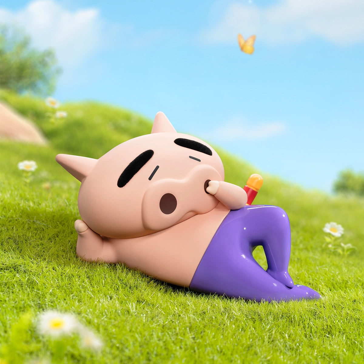 Lazy Time pig lying sleepily on his side in purple pants on grass, Buriburizaemon's Daily Life