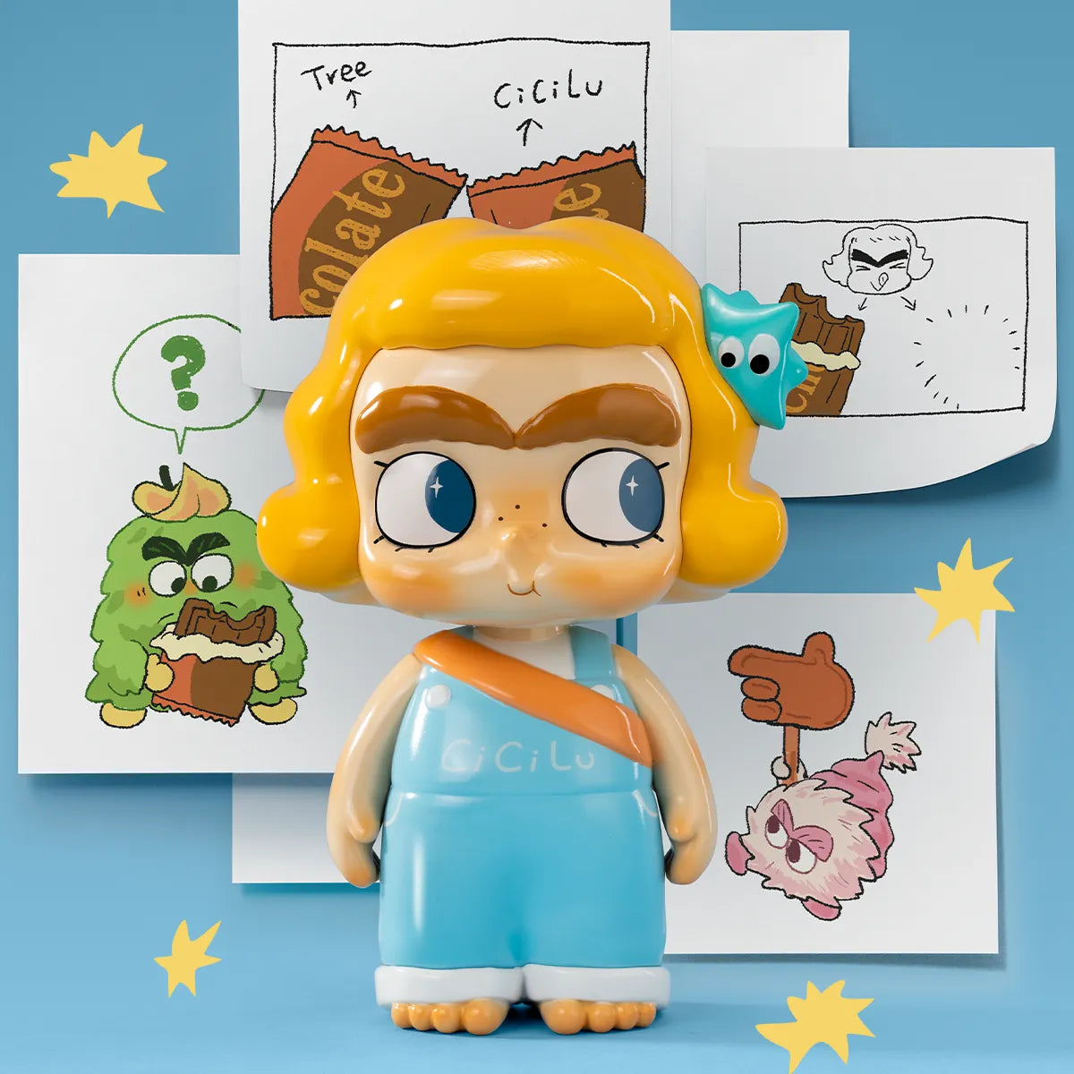CiCiLu Cheeky Baby figure amid chocolate and monster doodle sketches, street-style series