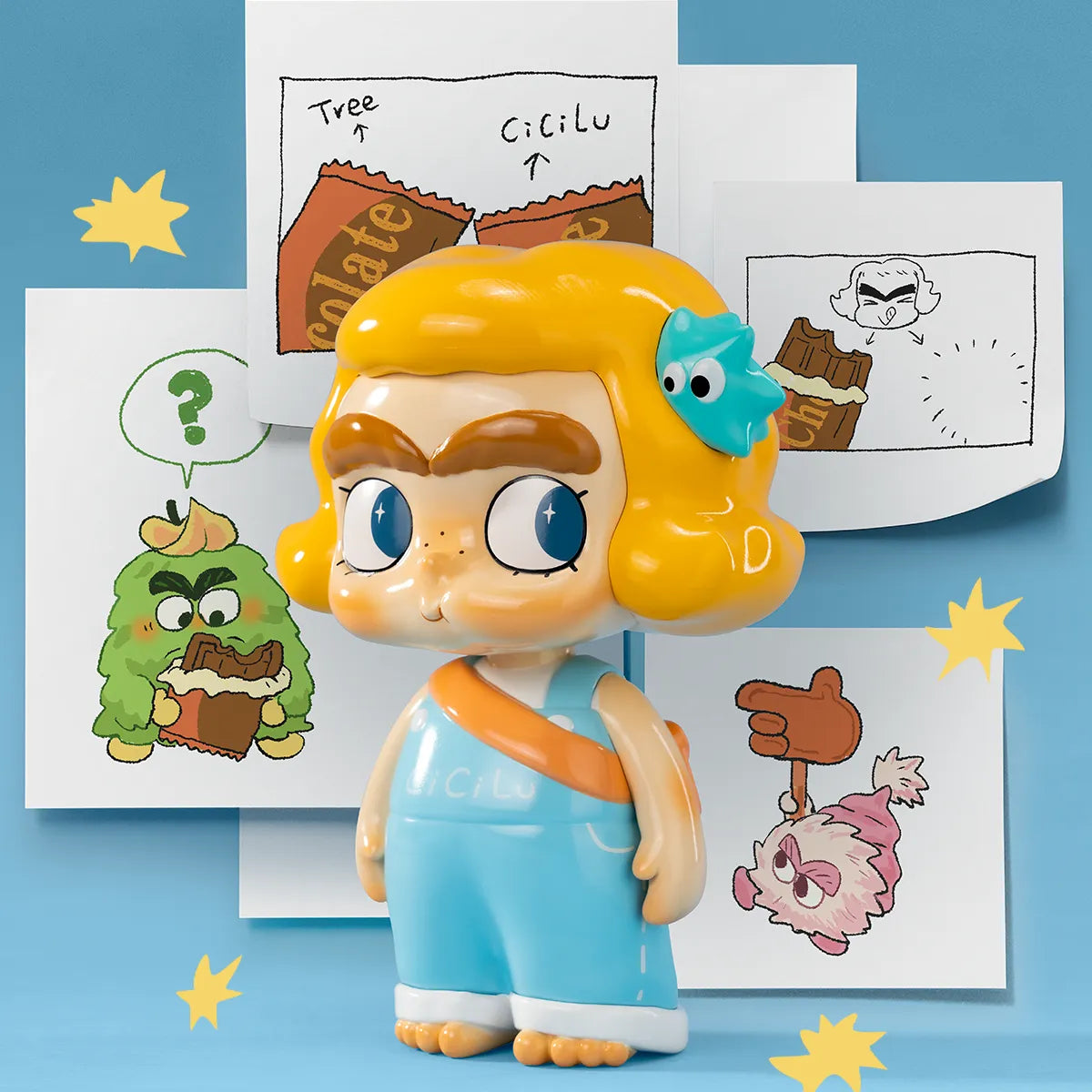 CiCiLu Cheeky Baby figure with blonde curls and freckles among doodle drawings