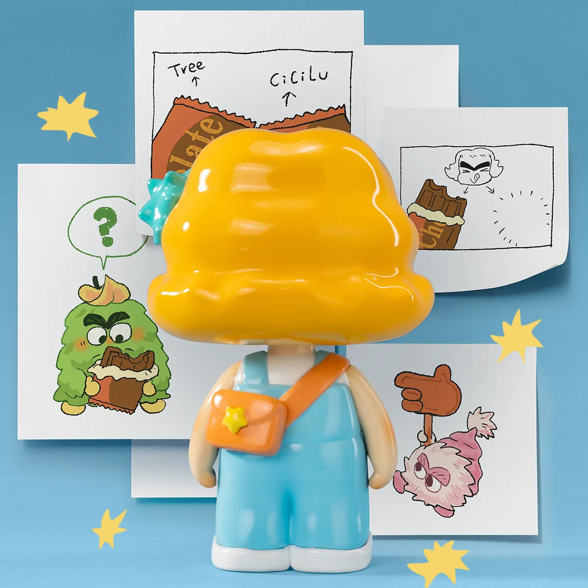 Back view of CiCiLu Cheeky Baby figure showing orange crossbody satchel and overalls
