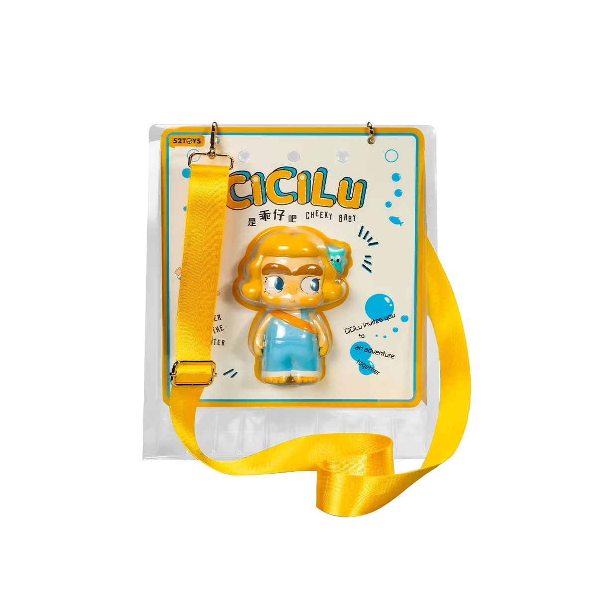 CiCiLu Cheeky Baby figure clipped to its yellow-strap pouch packaging