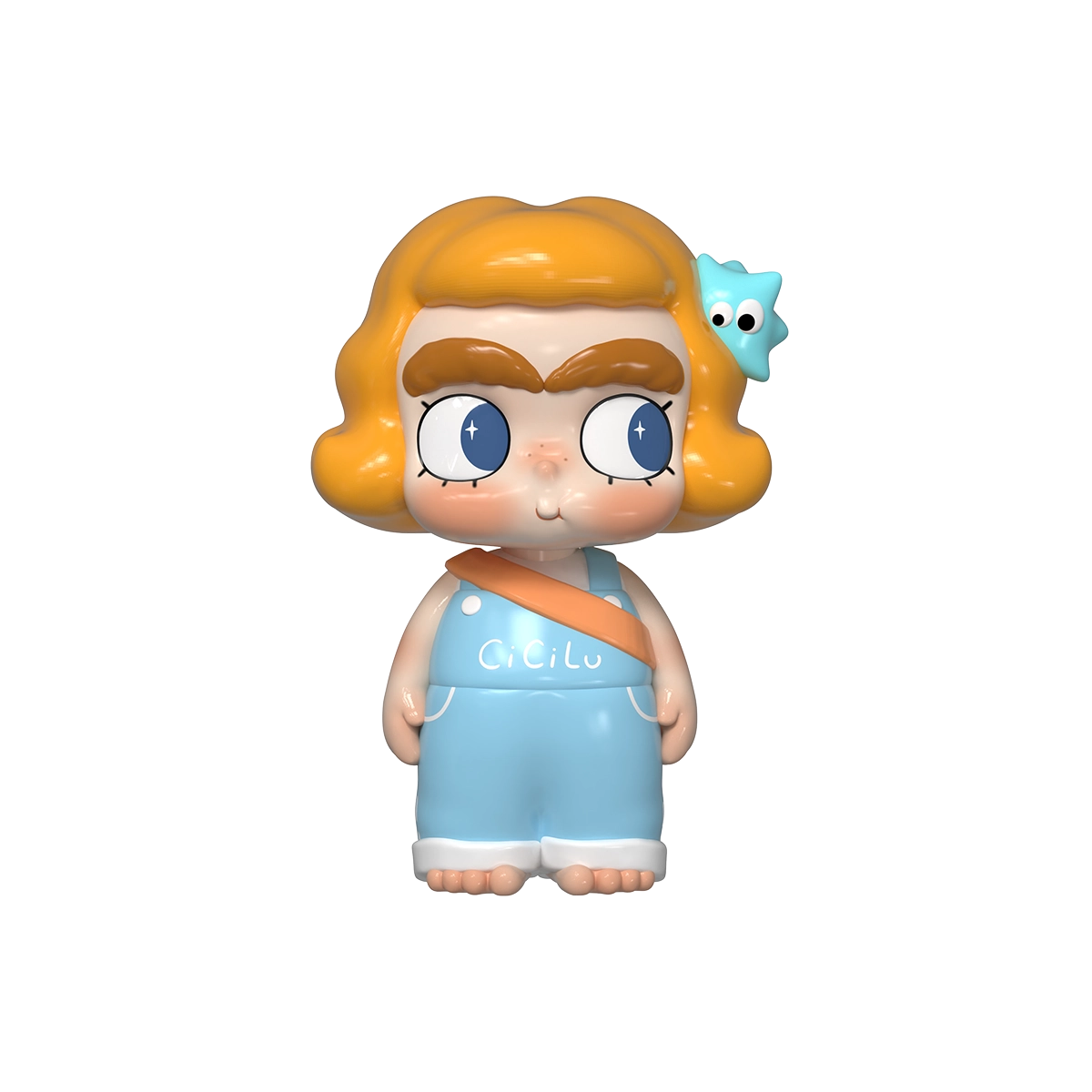 CiCiLu Cheeky Baby figure in blue overalls with orange satchel and blue creature clip