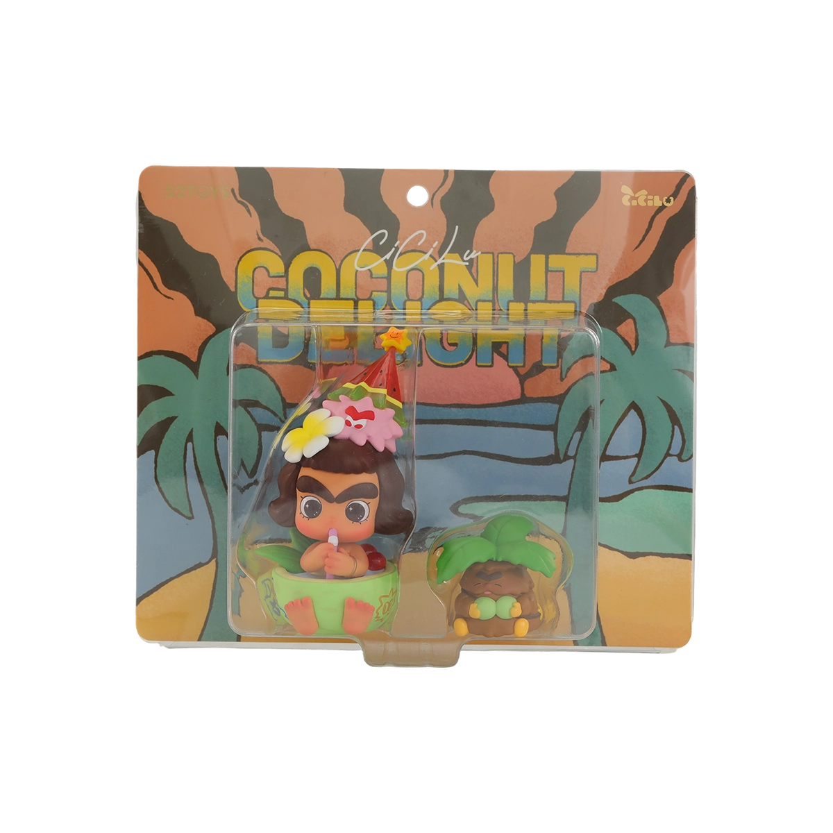 Blister pack of coconut girl and palm-tree figures on tropical card, Cicilu Coconut Delight Figure