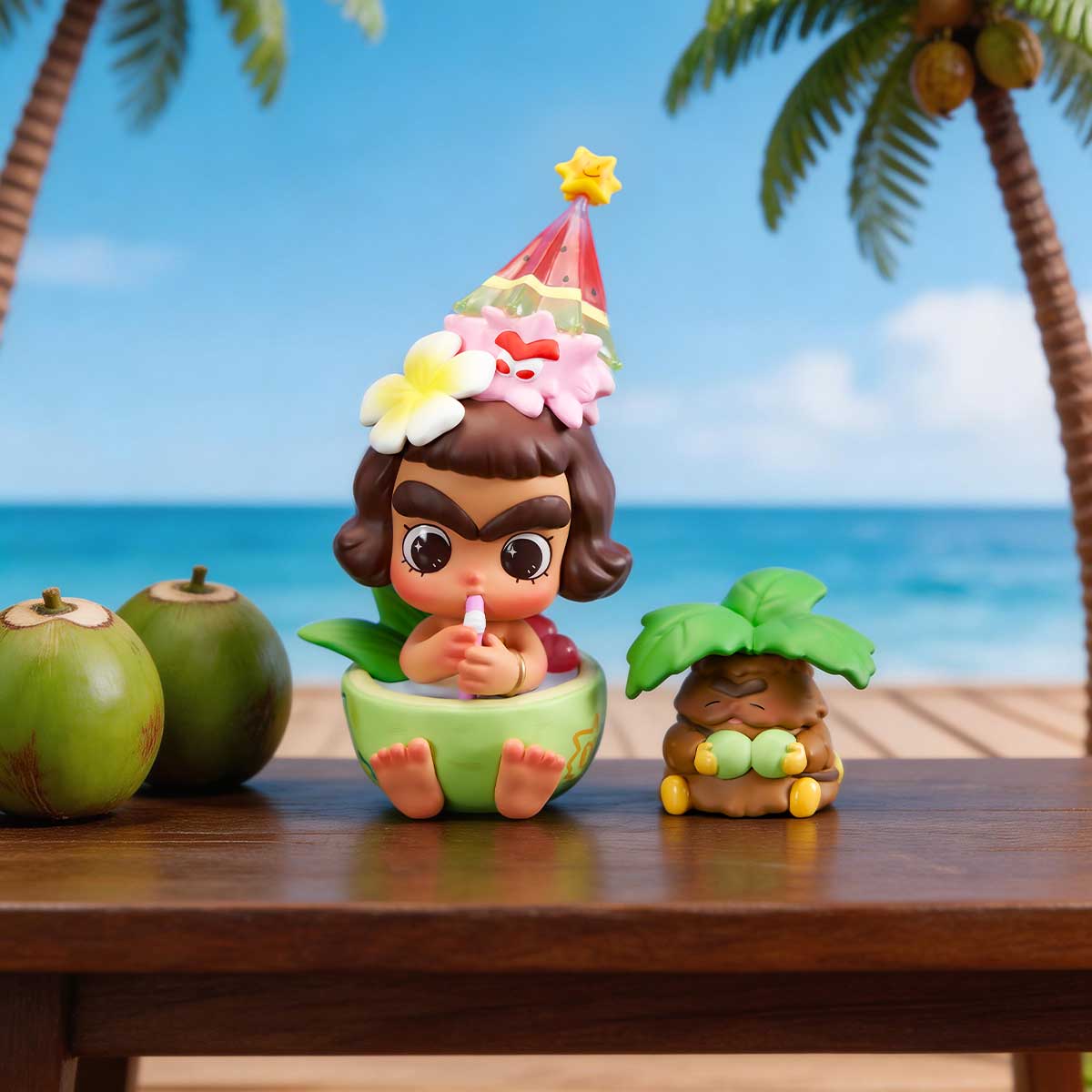 Girl-in-coconut and palm-tree figures with real coconuts on a beach table, Cicilu Coconut Delight Figure