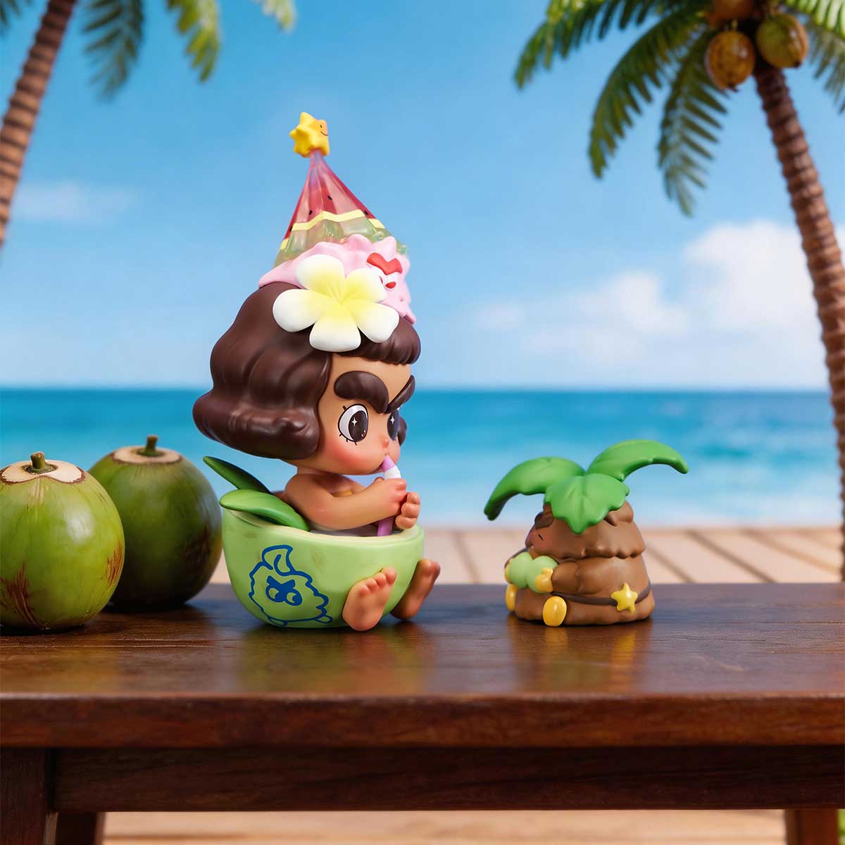 Side view of girl-in-coconut and palm figures on a beach table, Cicilu Coconut Delight Figure