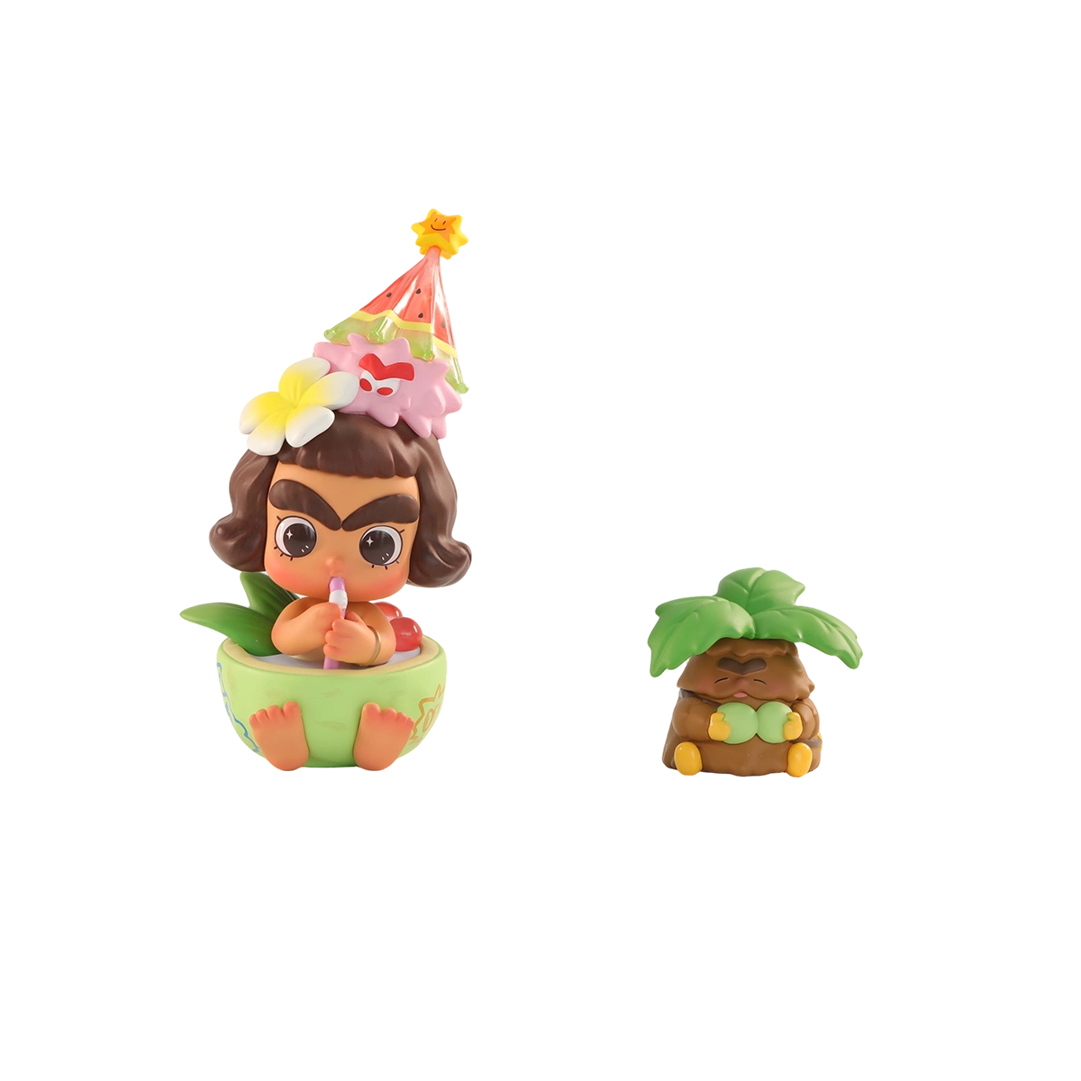 Girl sipping from a green coconut cup in a party hat beside a coconut tree, Cicilu Coconut Delight Figure