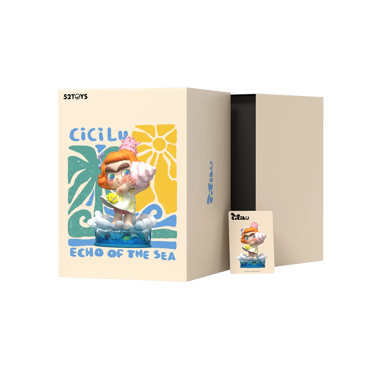 CiCiLu Echo of the Sea blind box packaging with seaside illustration