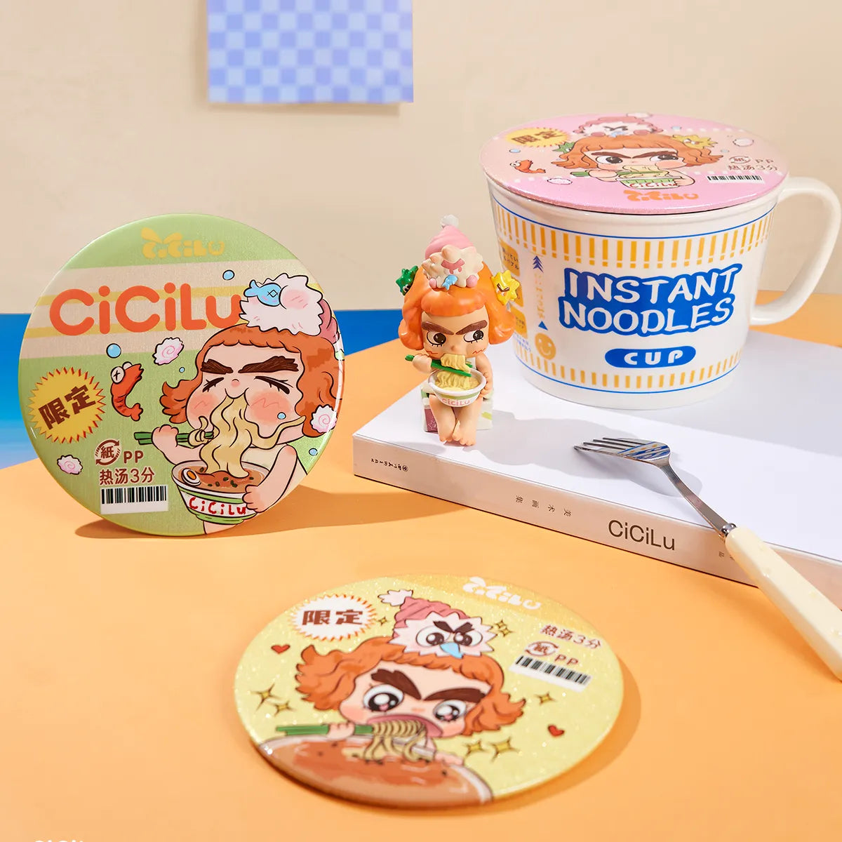 CiCiLu Extra Large Badge series styled as instant-noodle labels beside a noodle cup and figure