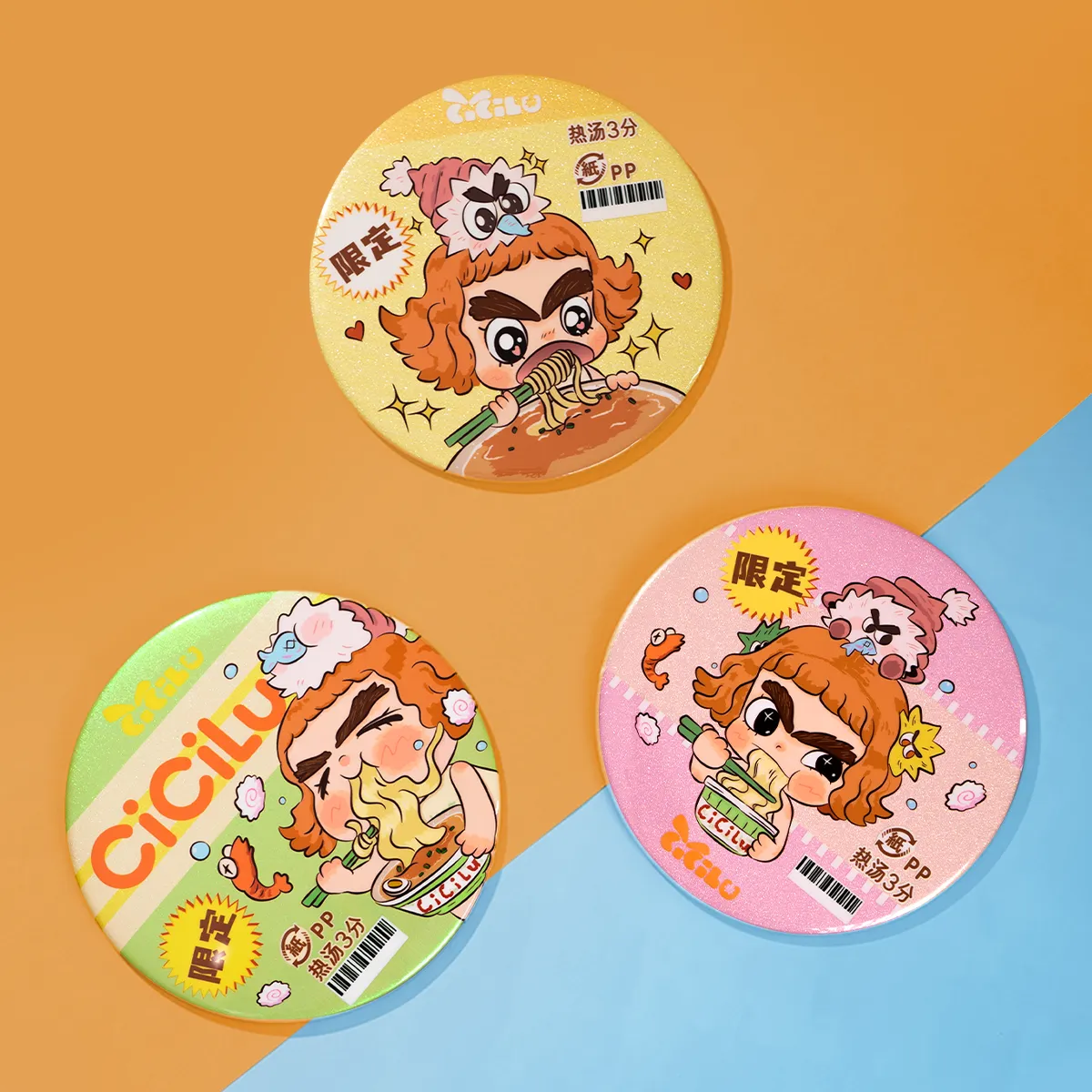 All three CiCiLu Extra Large Badges, Savor Slowly, Gobble It Up and Slurp noodle-eating designs