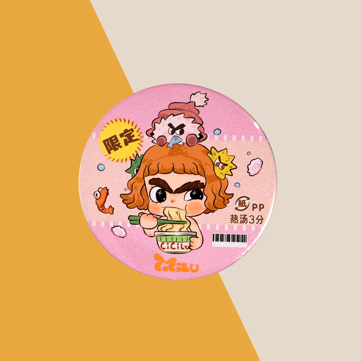 Savor Slowly pink CiCiLu badge, curly-haired girl eating noodles with a shrimp and head charm