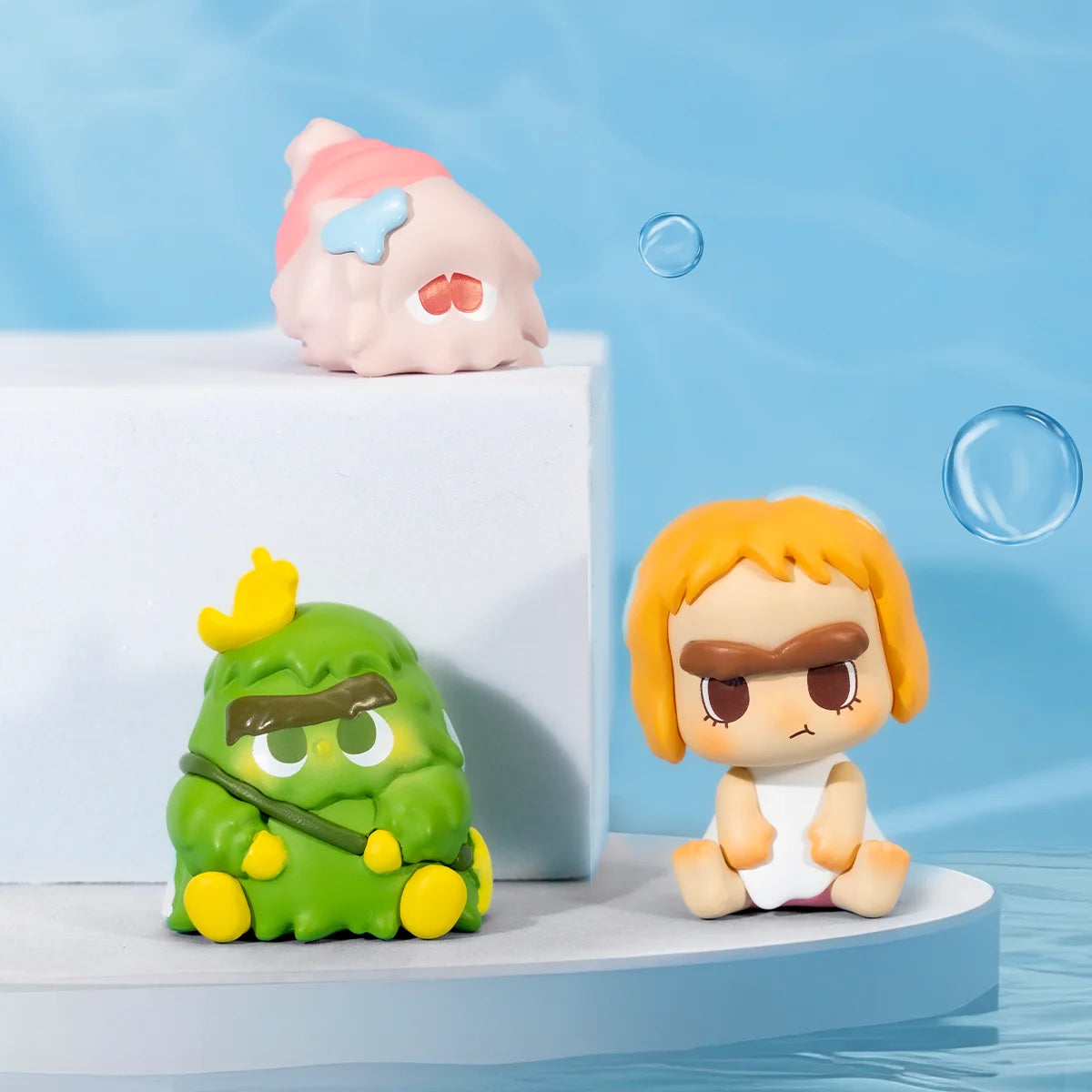 Grumpy CiCiLu boy, green Crispy cactus and pink Fluffy on blocks by the water, CiCiLu Friendship Boat