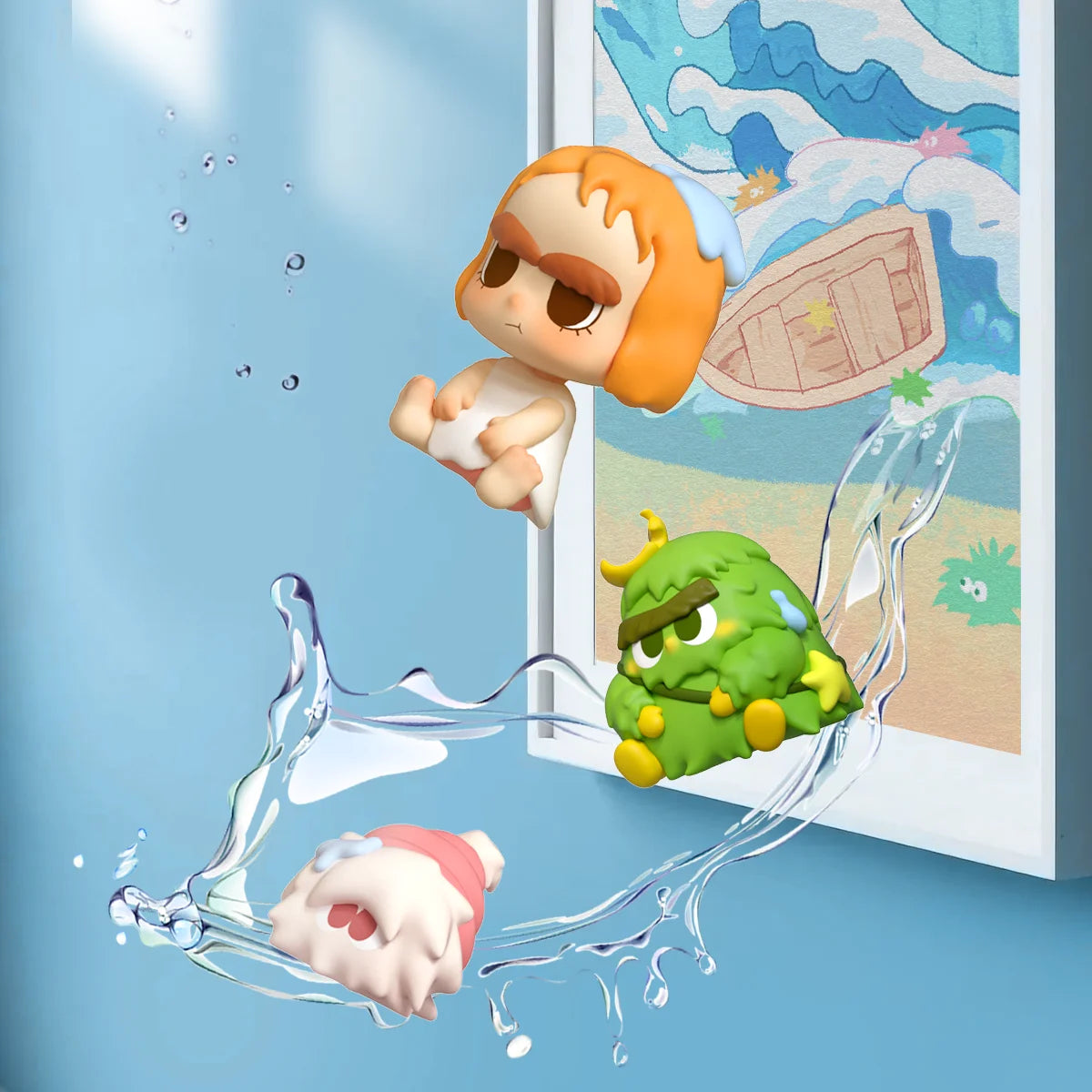 CiCiLu, Crispy and Fluffy figures tumbling from a flipped boat in a splash, CiCiLu Friendship Boat