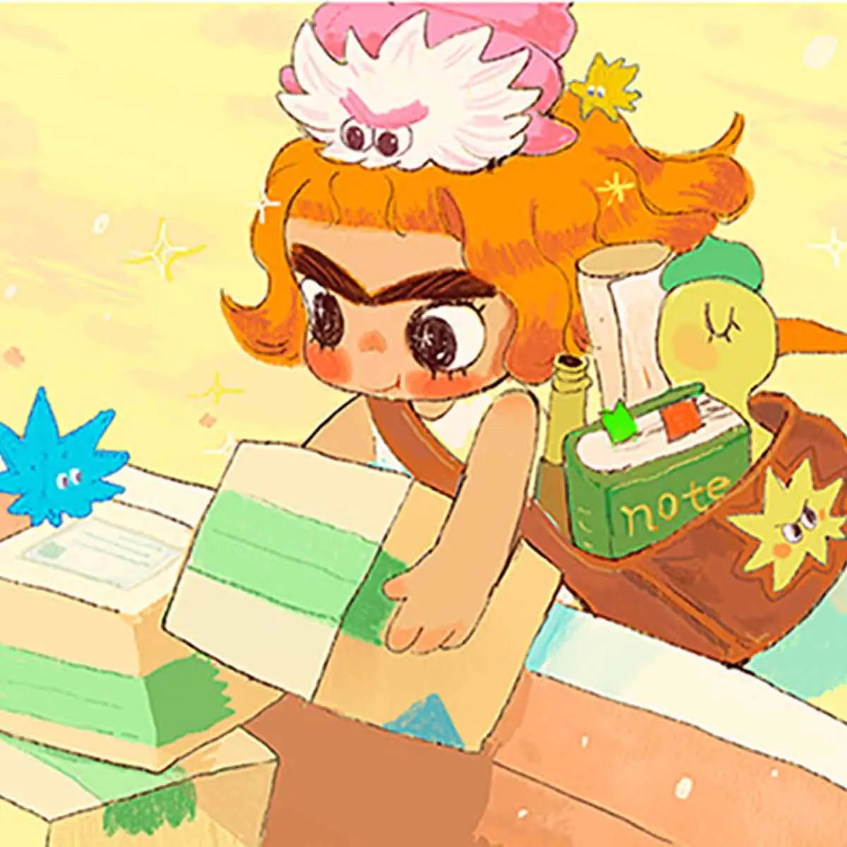 Illustration of orange-haired CICILU packing letters, the ocean messenger who delivers wishes across islands