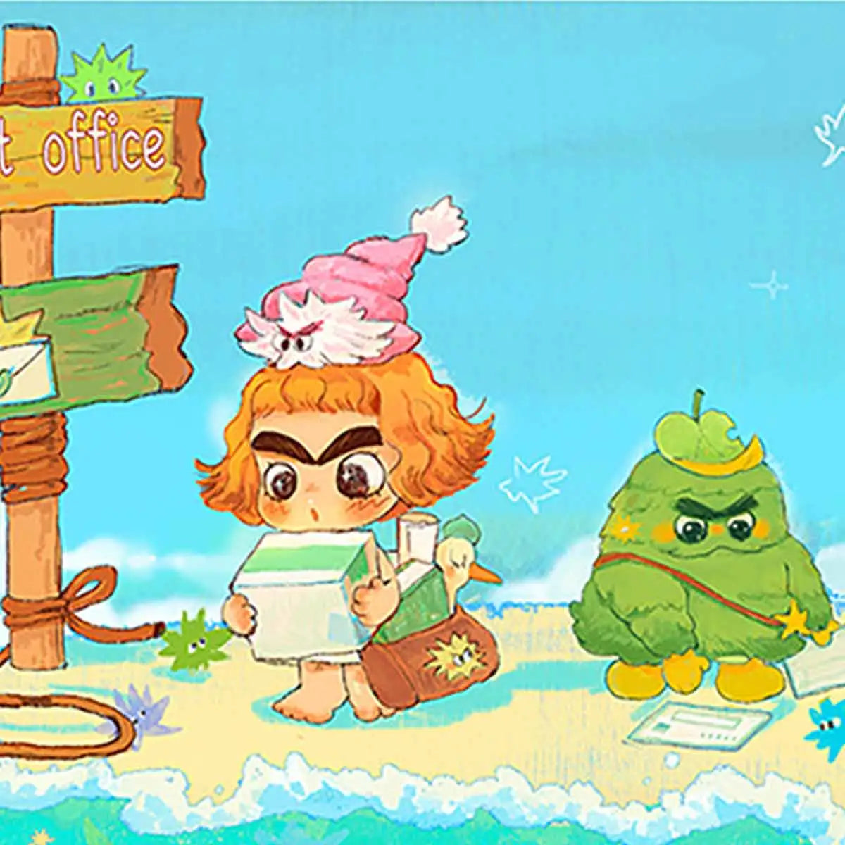 Illustration of CICILU at a seaside post office, the ocean messenger delivering letters to distant islands