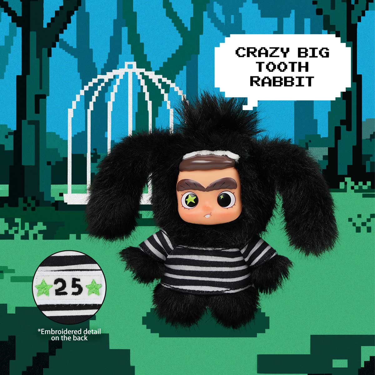 CiCiLu Crazy Big Tooth Rabbit plush in black costume with embroidered 25 detail