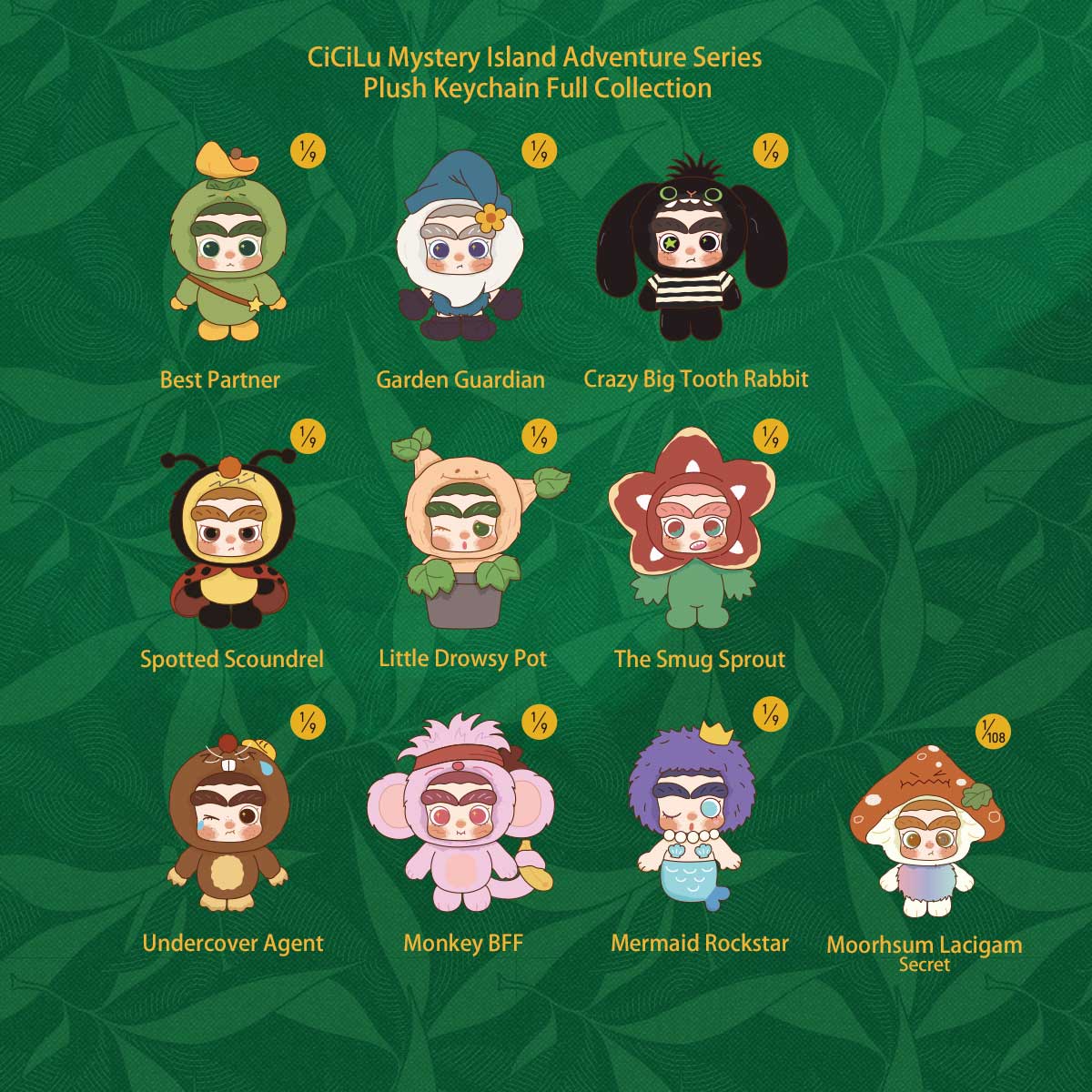 CiCiLu Mystery Island full lineup chart with nine regular designs and one secret mushroom