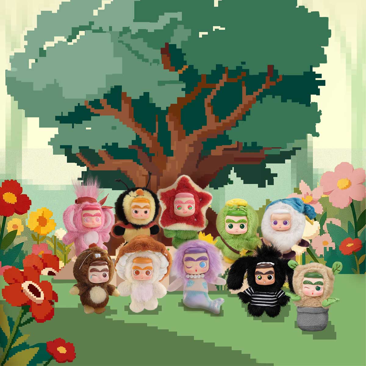 Ten CiCiLu Mystery Island plush designs gathered beneath a pixel-art tree