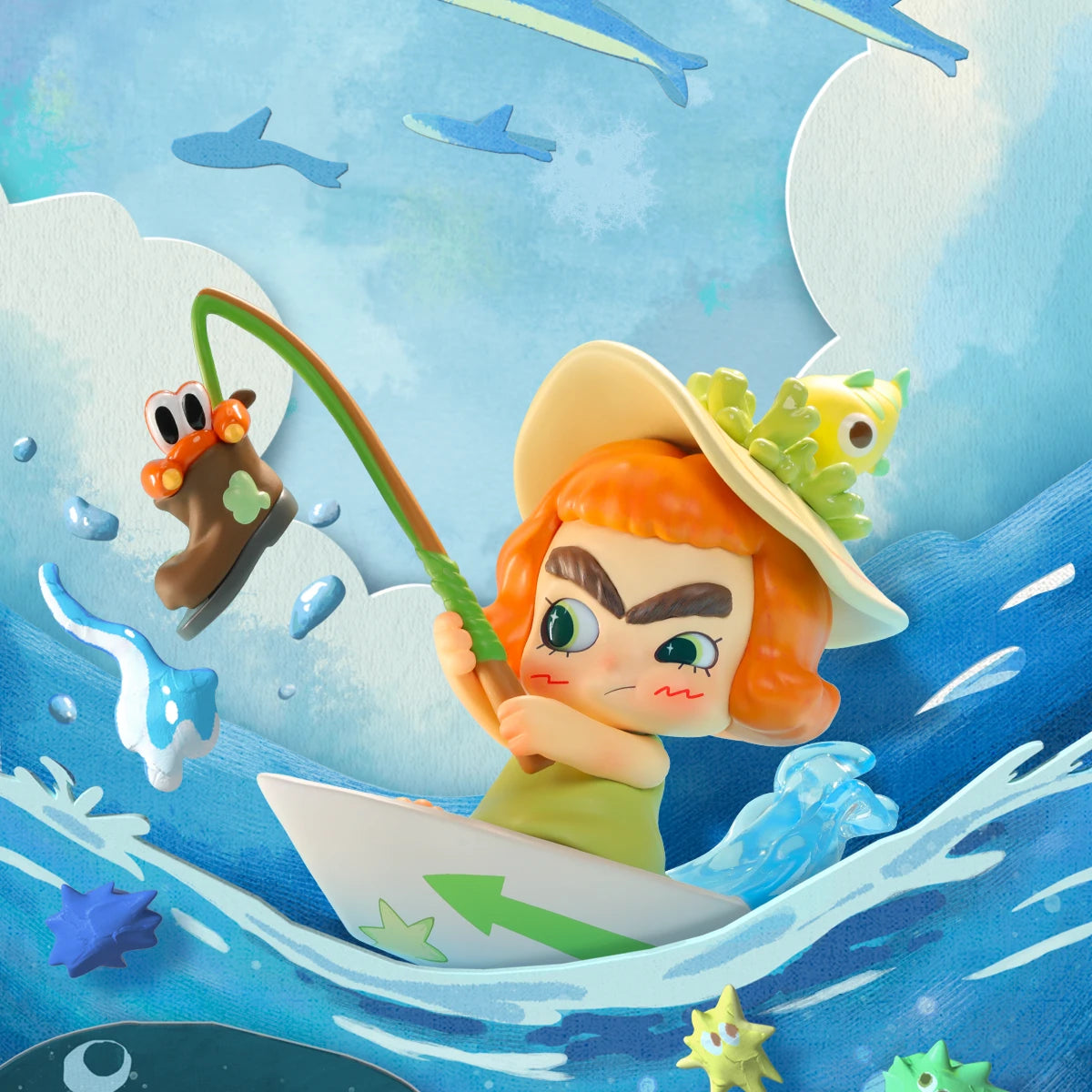 Mission Complete, Always! CICILU fishing from a paper boat amid leaping fish, CICILU Ocean Messenger