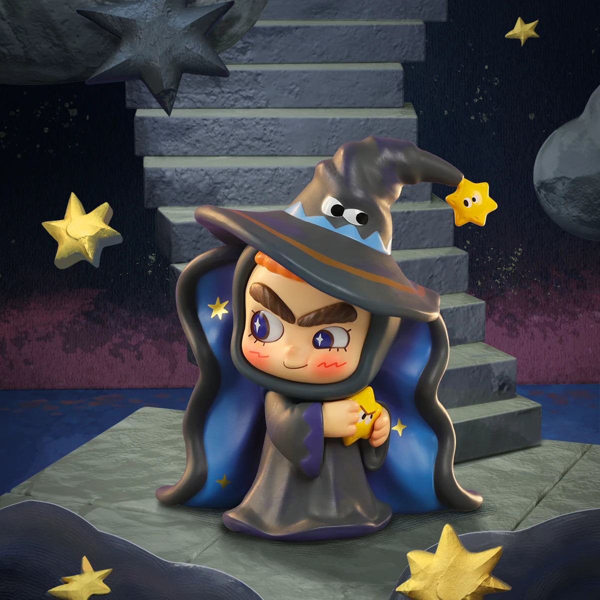 Star Elephant CICILU in a blue wizard robe and hat holding a gold star on starry steps, CICILU Ocean Messenger