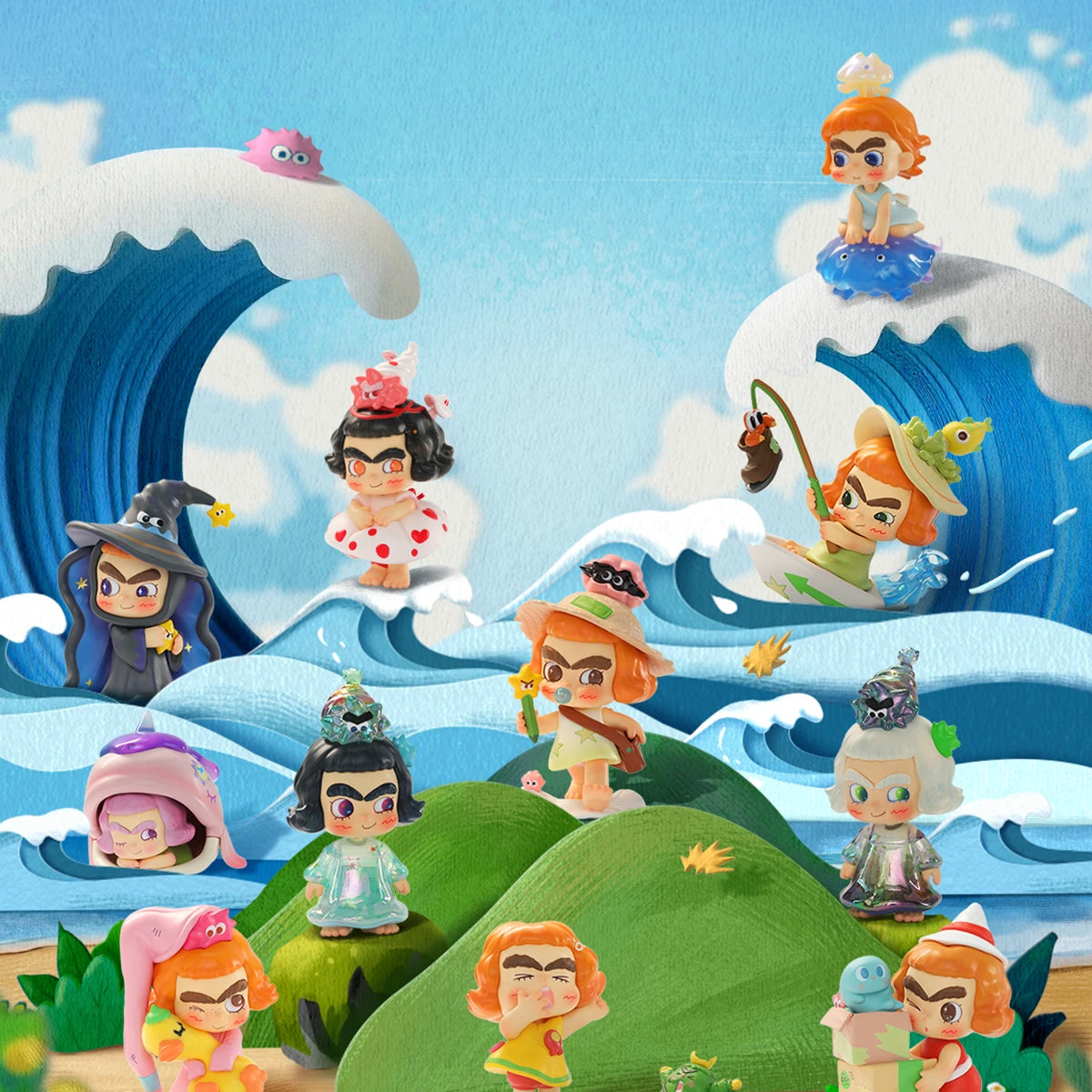All CICILU Ocean Messenger figures arranged across ocean waves and a grassy island, blind box set
