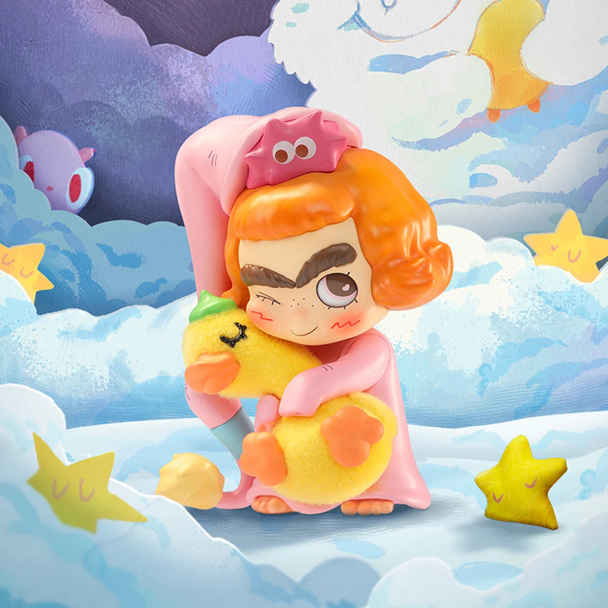Drift into Dreamland CICILU in a pink sleep onesie hugging a yellow Hug Duck among clouds, CICILU Ocean Messenger