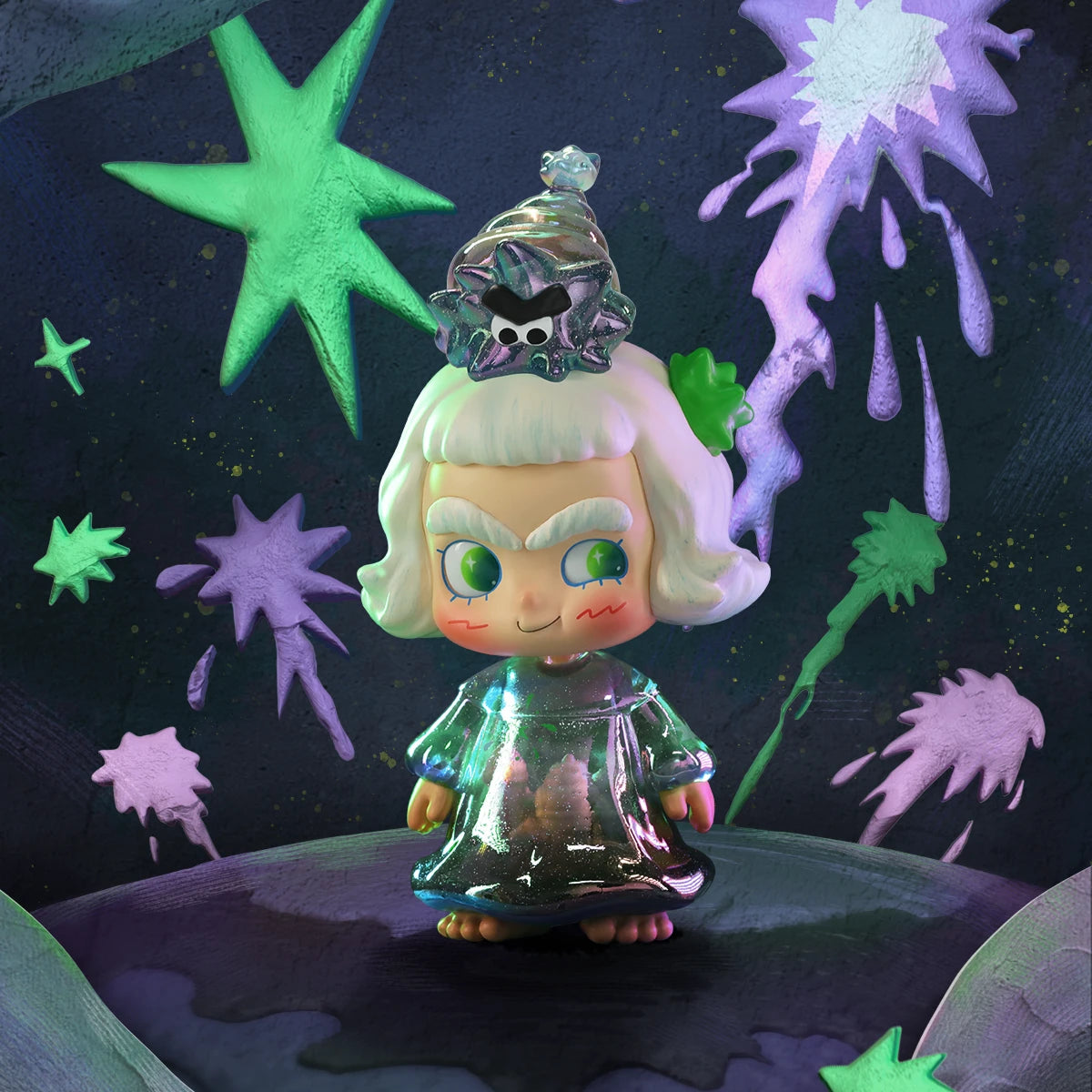 Town of Sky Sparks secret CICILU, white-haired in a glowing green electroplated dress, CICILU Ocean Messenger