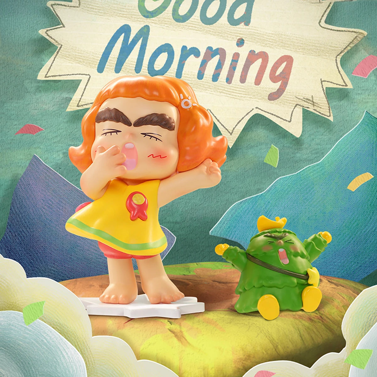 Morning Yawn CICILU mid-stretch on a cloud beside a green Tree creature, CICILU Ocean Messenger