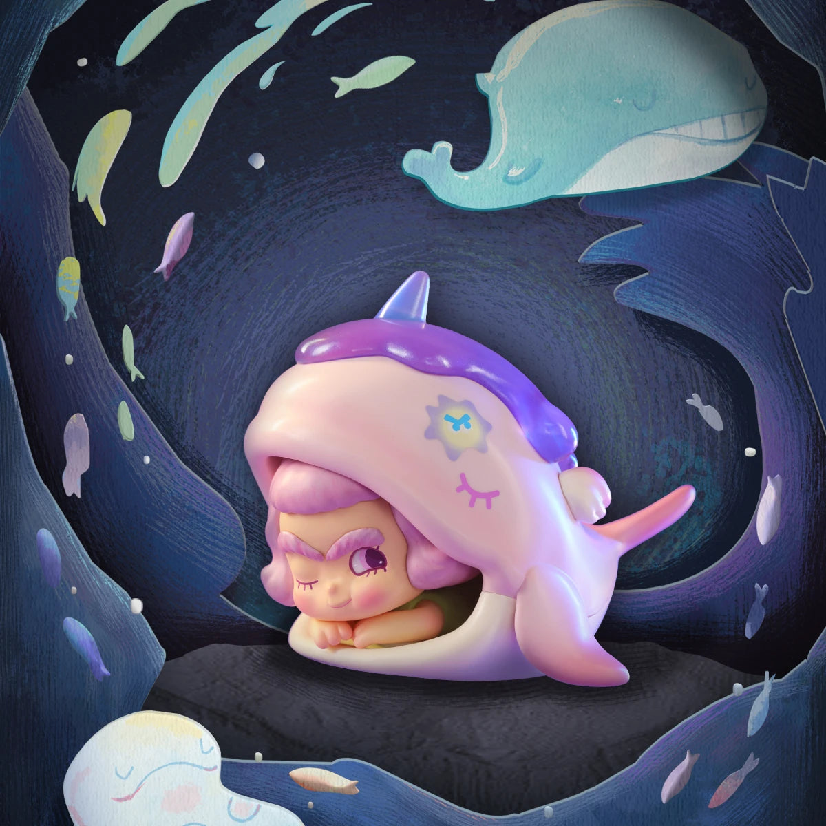 Pink Narwhal CICILU curled inside a pink-and-purple narwhal shell in the deep sea, CICILU Ocean Messenger