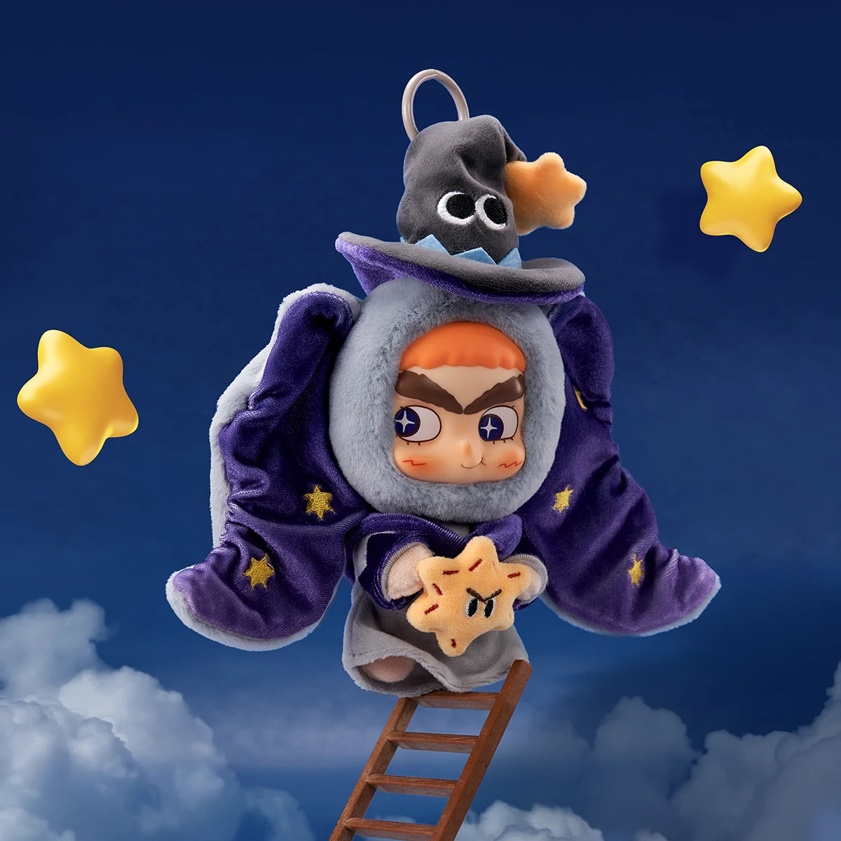 CiCiLu Star Elephant plush keychain climbing a ladder to light stars in the night sky, by 52TOYS
