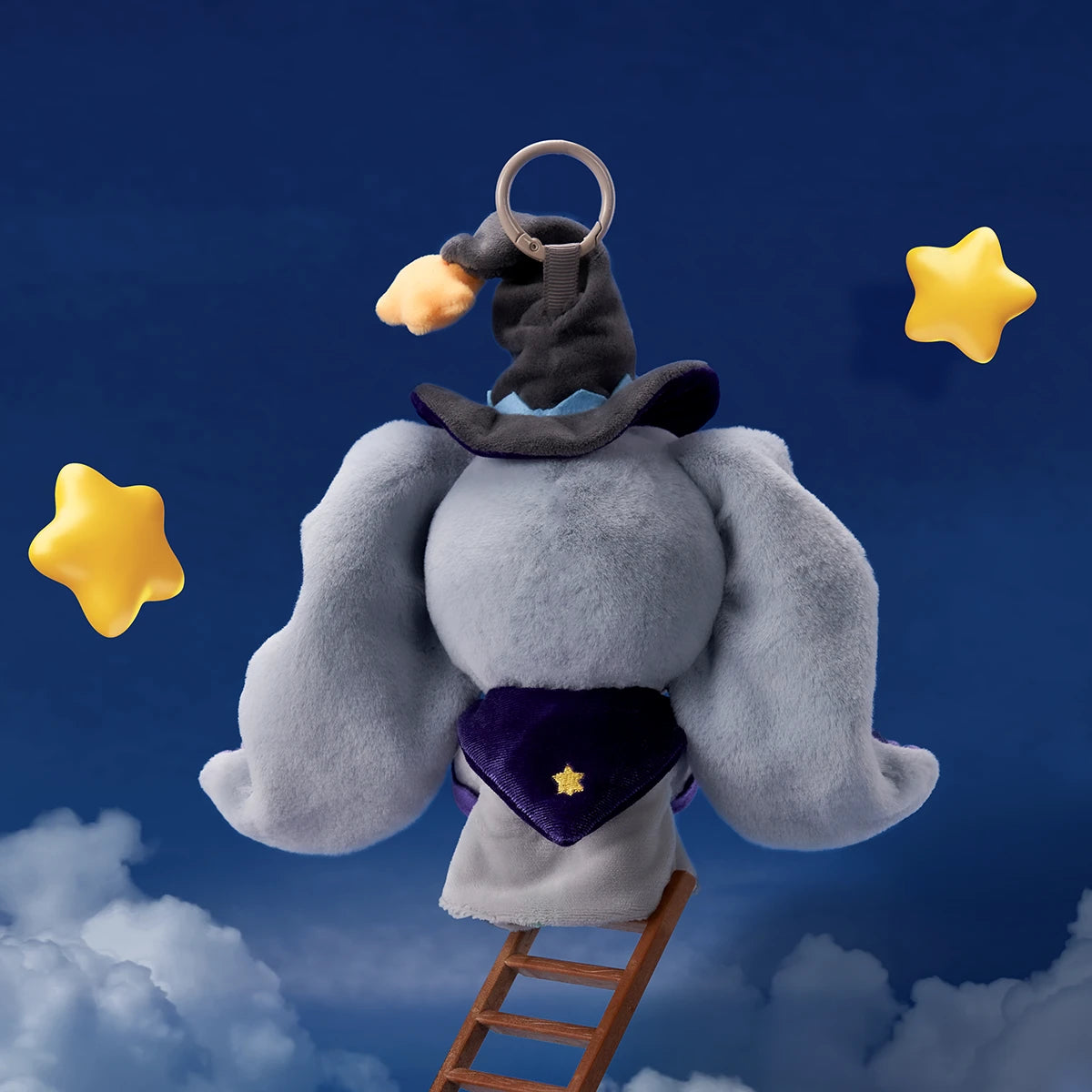 Back of CiCiLu Star Elephant plush keychain showing grey ears and ring loop on the ladder, by 52TOYS