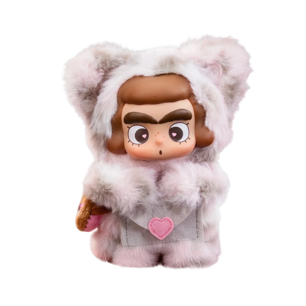 CiCiLu Rosé leopard-patterned messenger plush keychain with grey fur hood and heart vest, by 52TOYS