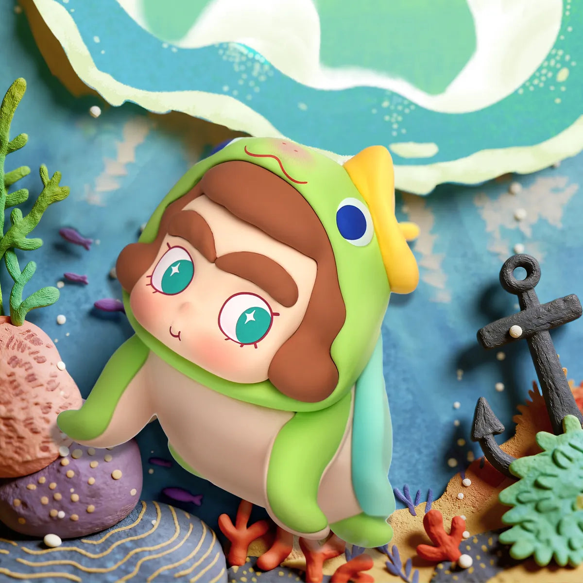 Slowmo the Turtle in green turtle-shell hood among coral and an anchor, CiCiLu The Tide Shop blind box