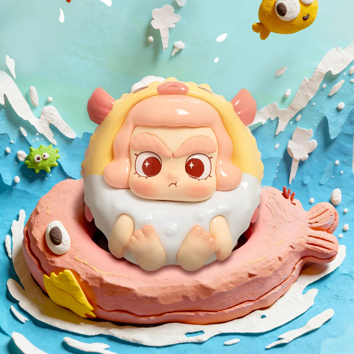 Puffer's Huff grumpy figure inside a pink spiky inflated pufferfish ring on the waves, CiCiLu The Tide Shop