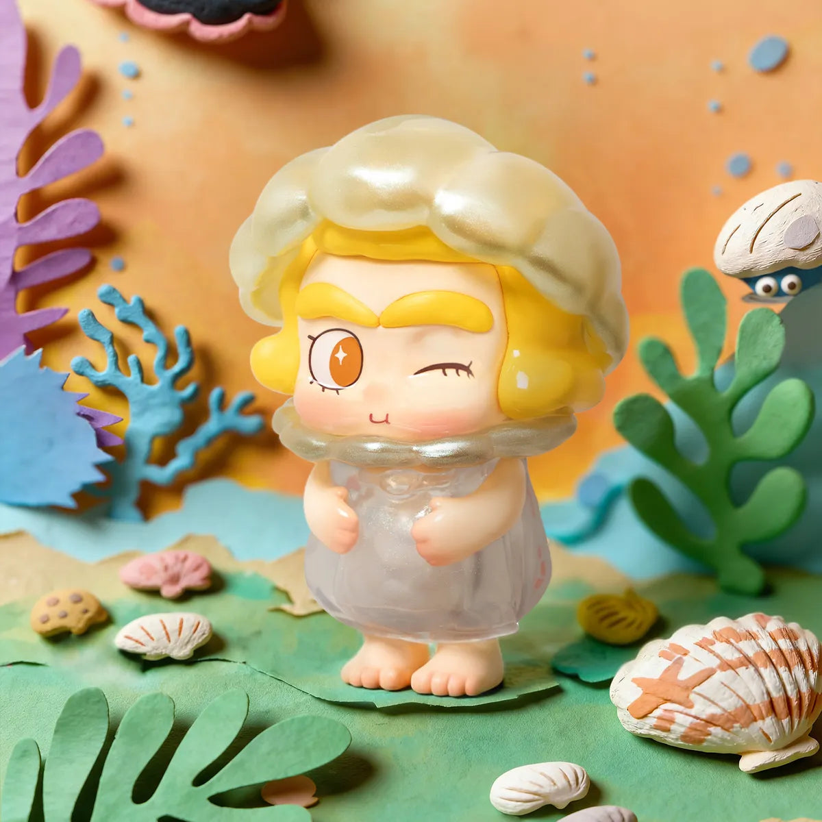 Pearl of Time figure in cream pearl bonnet and sheer dress winking among shells, CiCiLu The Tide Shop