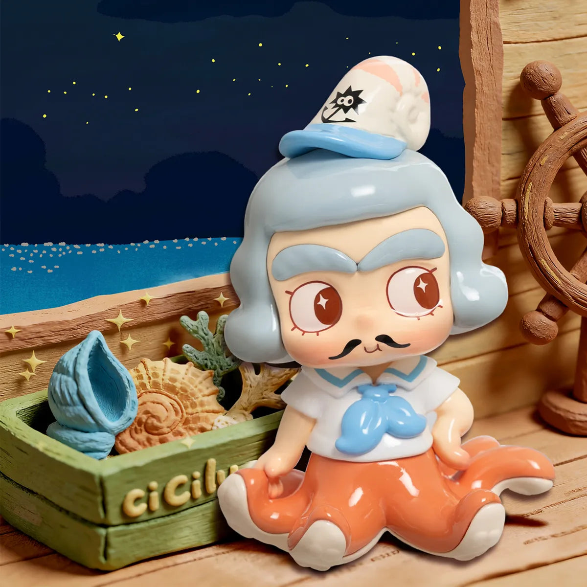 Mr.Unflappable octopus boss with sailor hat, mustache and orange tentacles on a ship deck, CiCiLu The Tide Shop