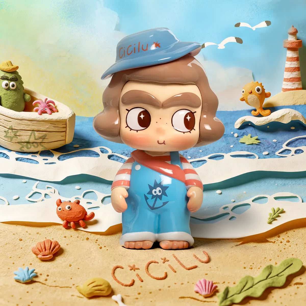 Cheeky Baby on Duty CiCiLu part-timer in blue cap and striped overalls on a beach, CiCiLu The Tide Shop