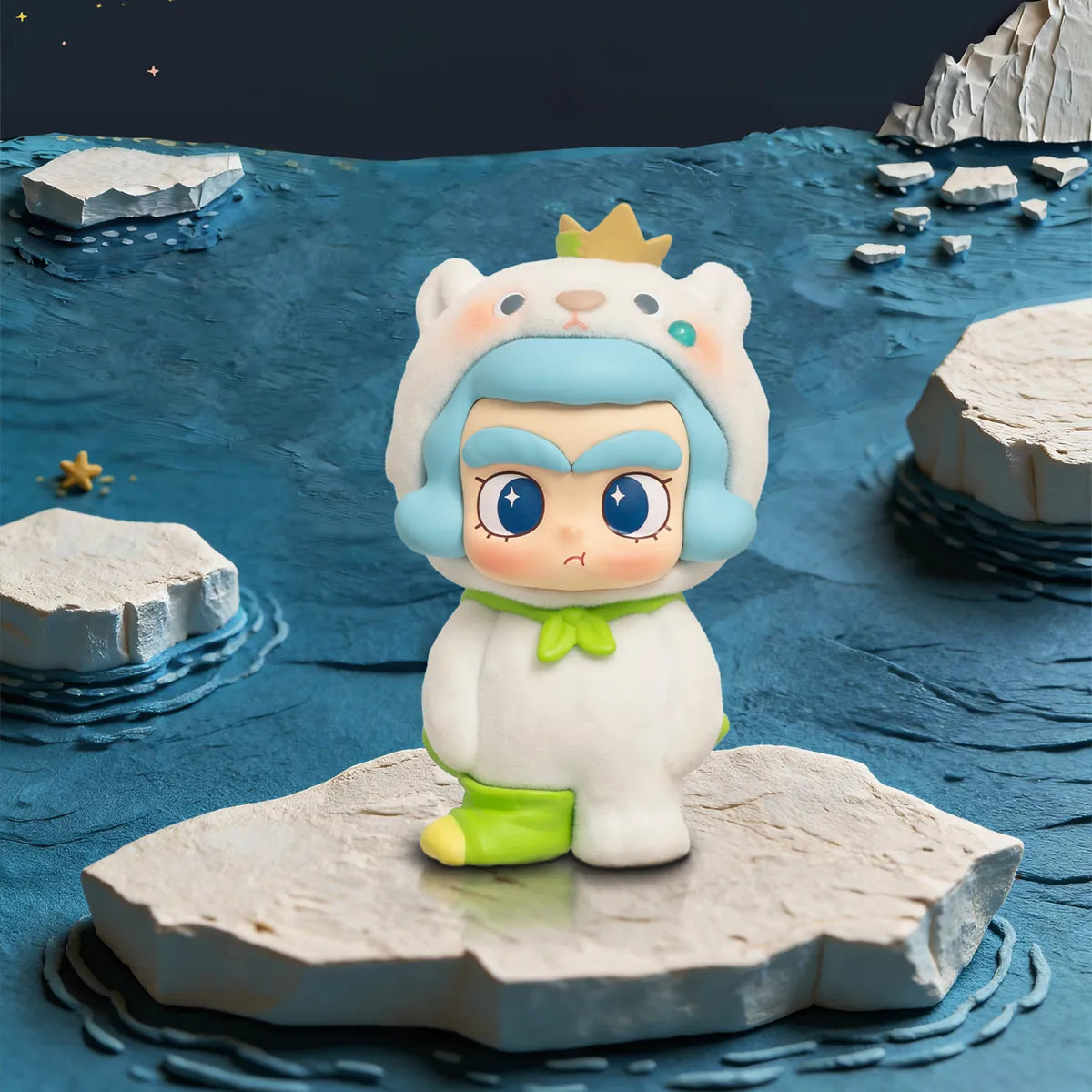 Glacier Guardian polar-bear-hood figure with crown and green scarf on a moonlit ice floe, CiCiLu The Tide Shop