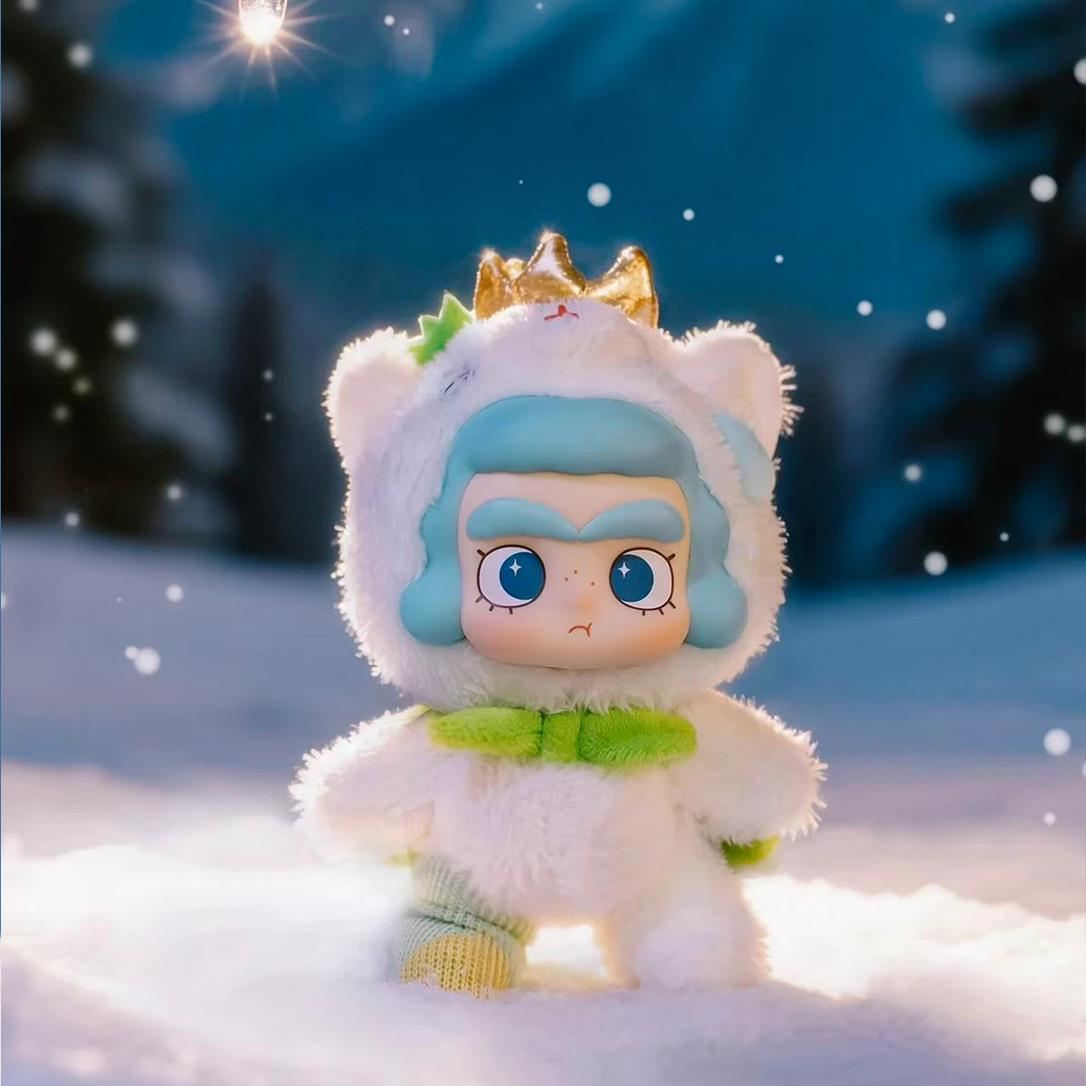 Polar Bear plush charm with blue hair and crown standing in snowy night, CiCiLu The Tide Shop