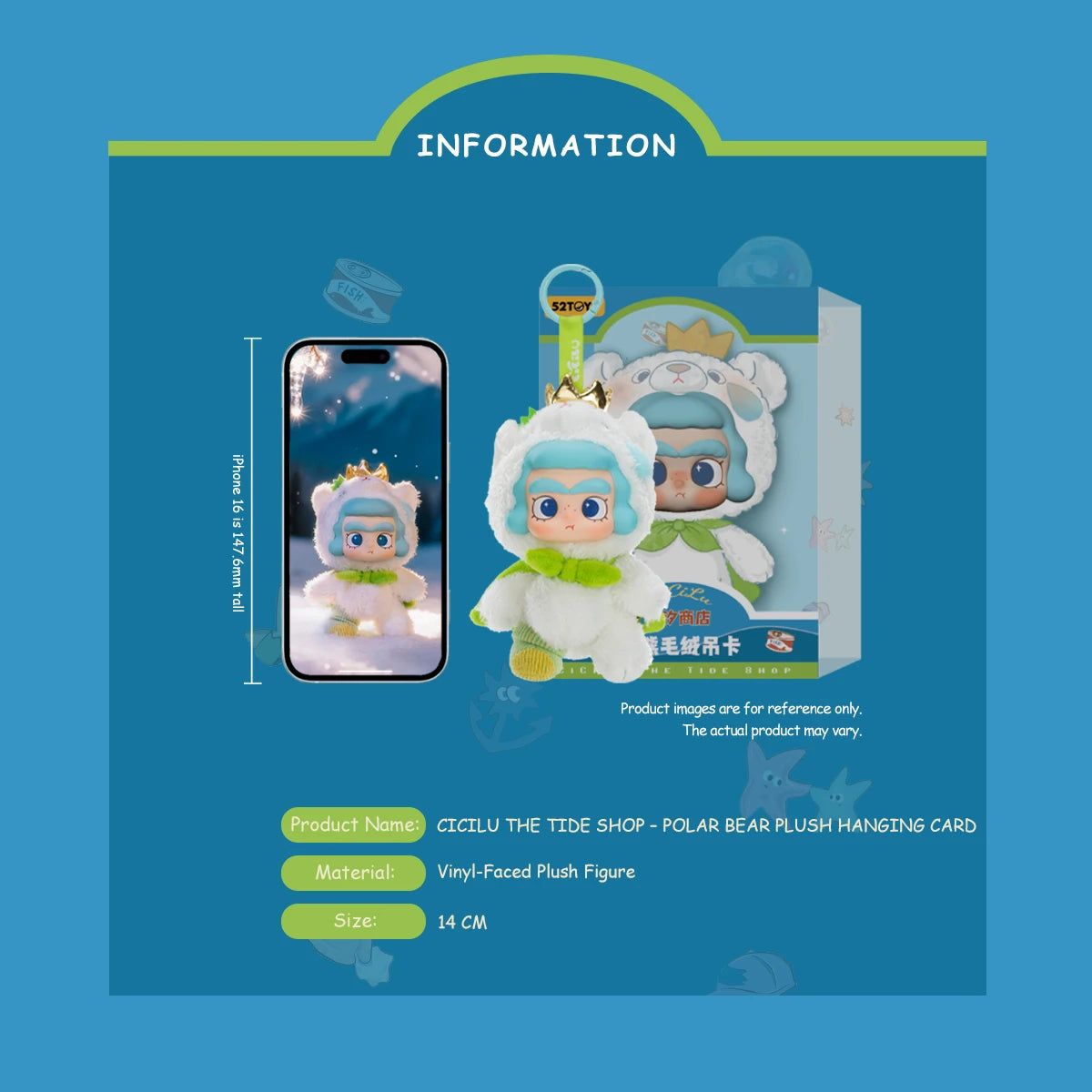 Polar Bear plush hanging-card product information graphic with size and box, CiCiLu The Tide Shop