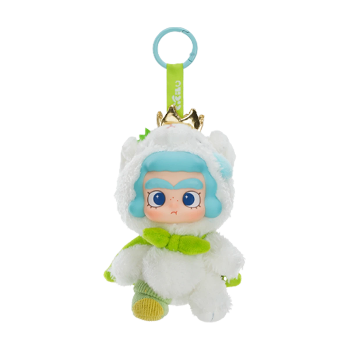 Polar Bear plush hanging-card charm in white bear hood with gold crown and green scarf, CiCiLu The Tide Shop by 52TOYS