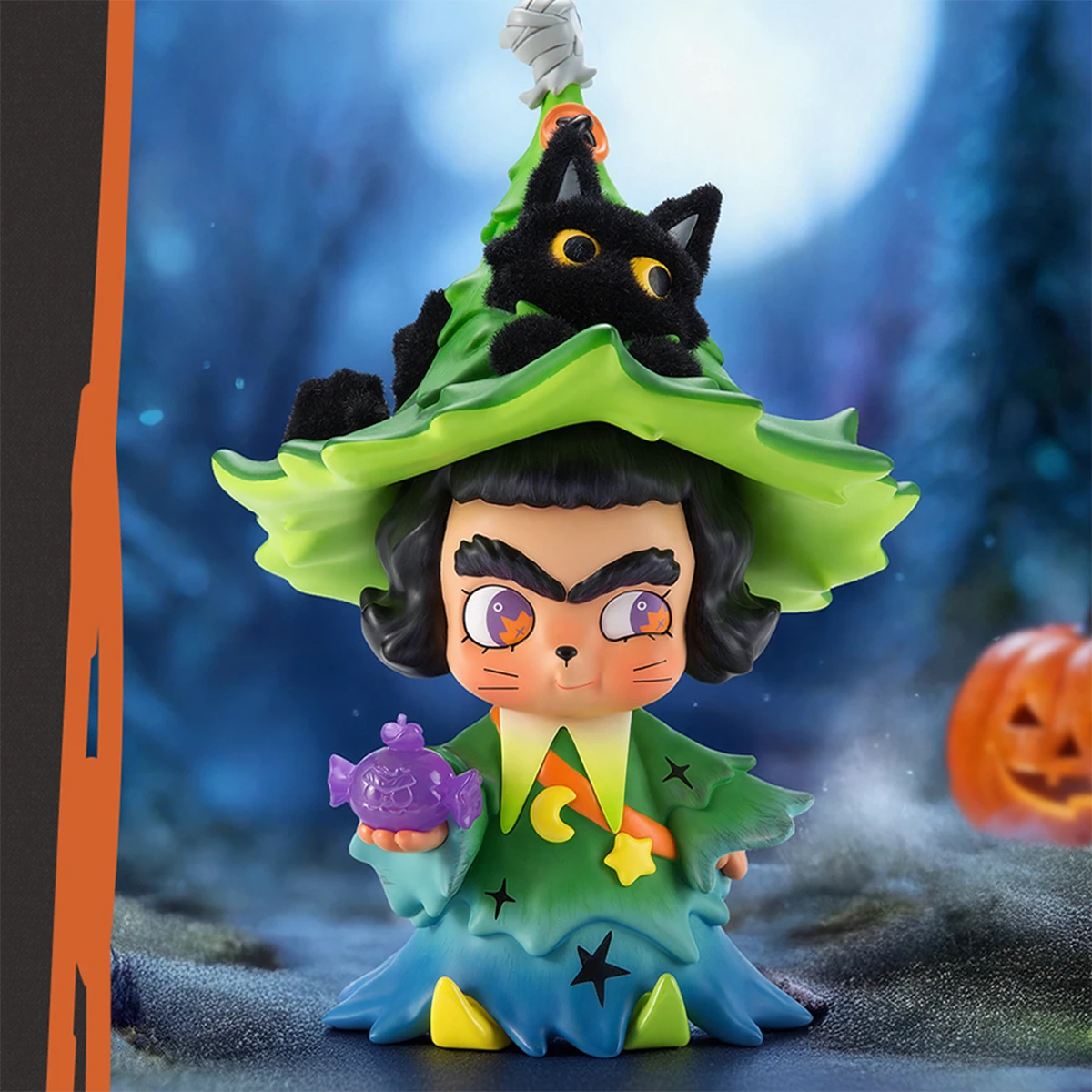 The Witch and Black Cat CiCiLu holding a purple potion in a misty moonlit Halloween scene
