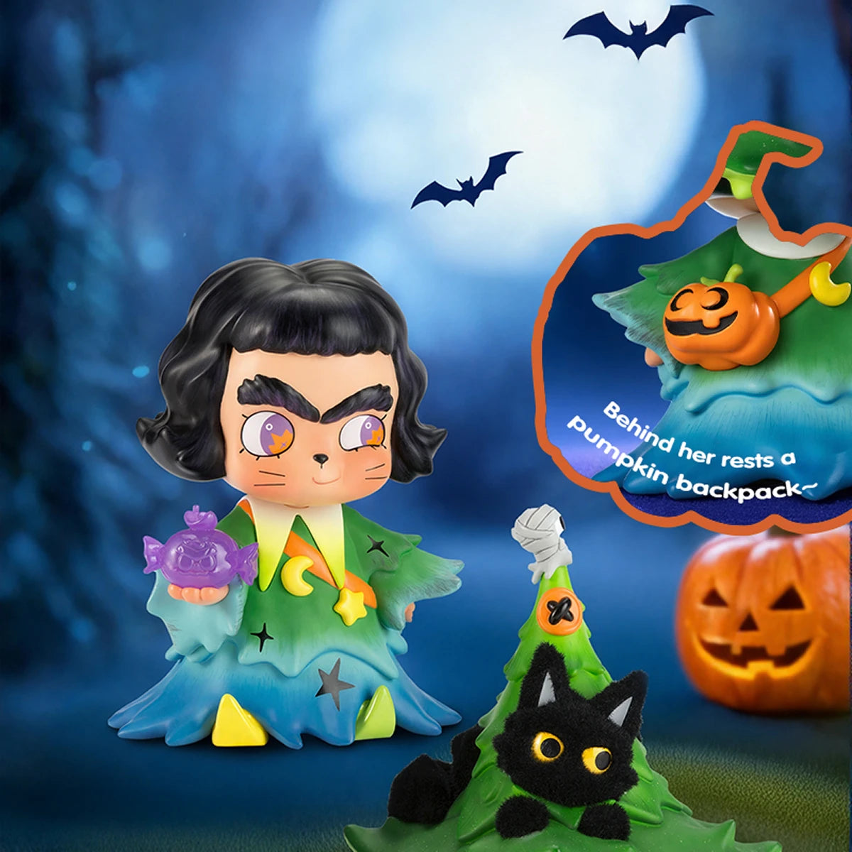 The Witch and Black Cat CiCiLu with bats overhead, detailing her pumpkin backpack and hat-perched black cat