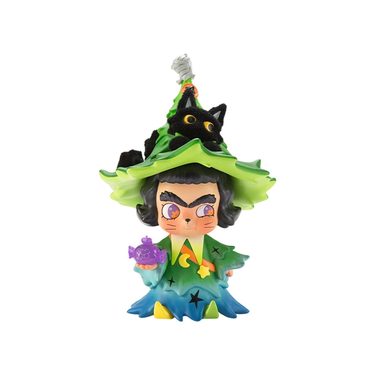 The Witch and Black Cat CiCiLu in green star-patterned witch dress and hat with a flocked black cat on top