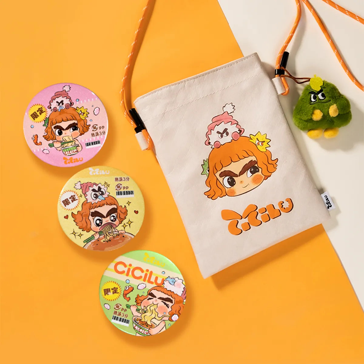 CiCiLu Tyvek Crossbody Bag with three printed badges and a green charm