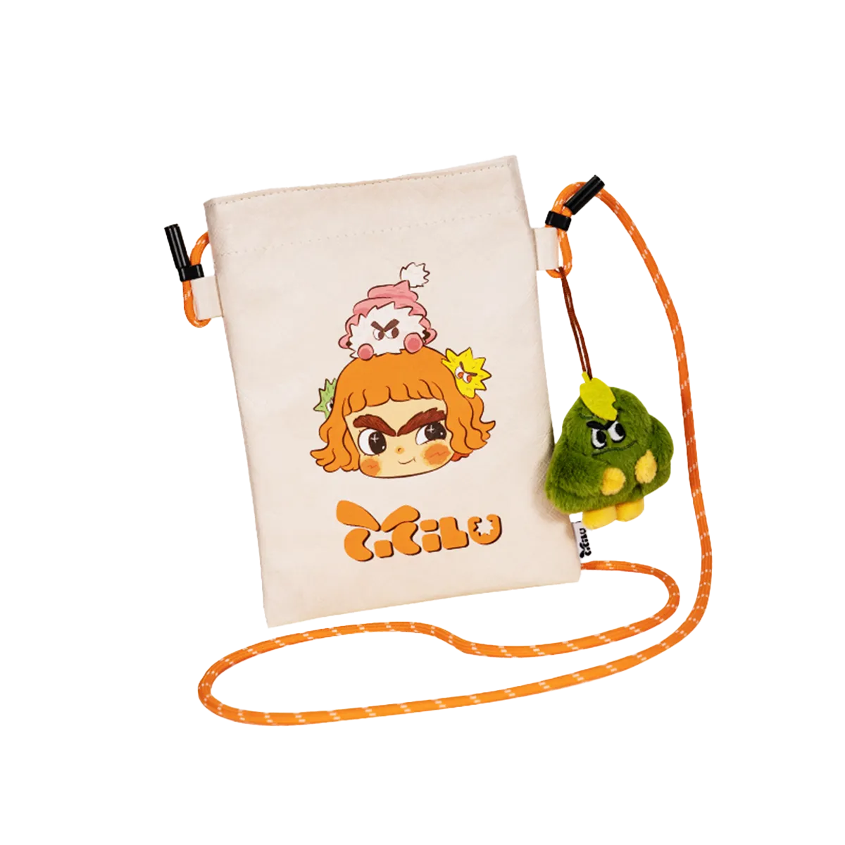 Cream crossbody pouch printed with Cicilu faces and a green creature charm, CiCiLu Tyvek Crossbody Bag