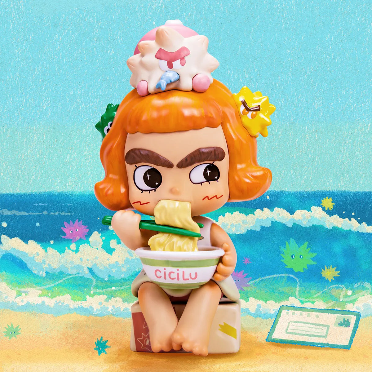 CiCiLu Yummy Ramen figure eating noodles on a beach by the waves, ocean delivery messenger series
