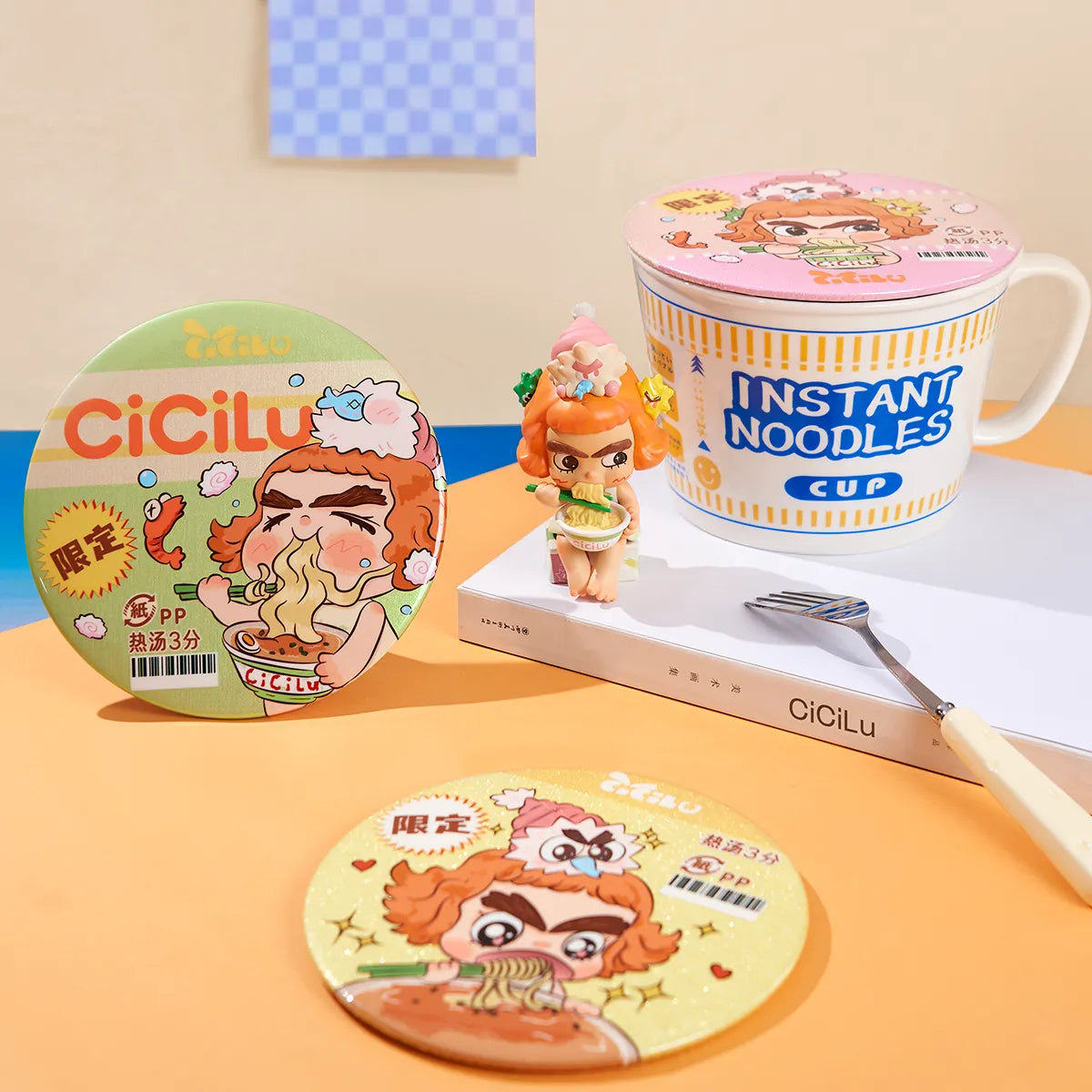 CiCiLu Yummy Ramen figure beside instant noodle cup mug and lid props, beach messenger series